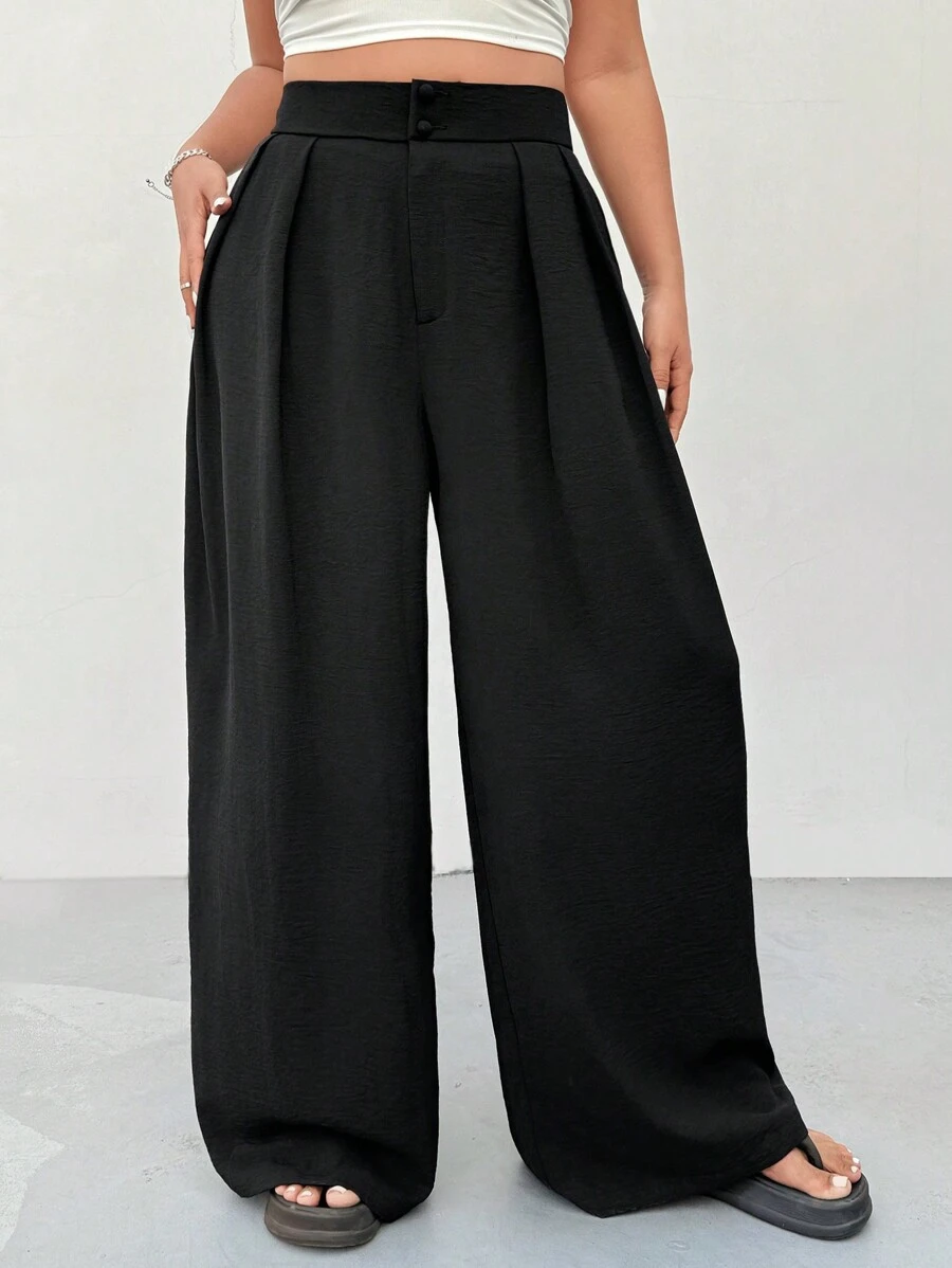 SHEIN EZwear Plus Size Office Women Outfits,Black High Waist Straight Leg Casual Pants, Minimalist & Stylish For Daily Wear,Spring Summer Clothes