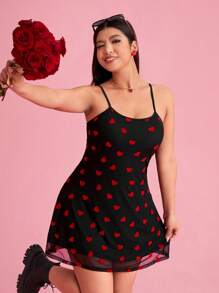 SHEIN EZwear 大码情人节服装 - 夏季心形网眼连衣裙 - 黑色 - 查看 3