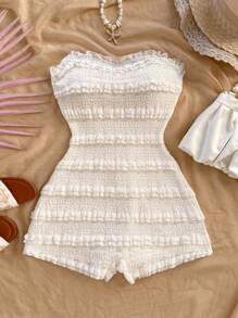 Soleia 蕾丝边纹理抹胸弹力紧身连身衣 - 白色 - 查看 1