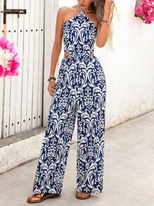 SHEIN VCAY 女式度假吊带腰部镂空宽松长款连体裤，蓝色和白色复古印花