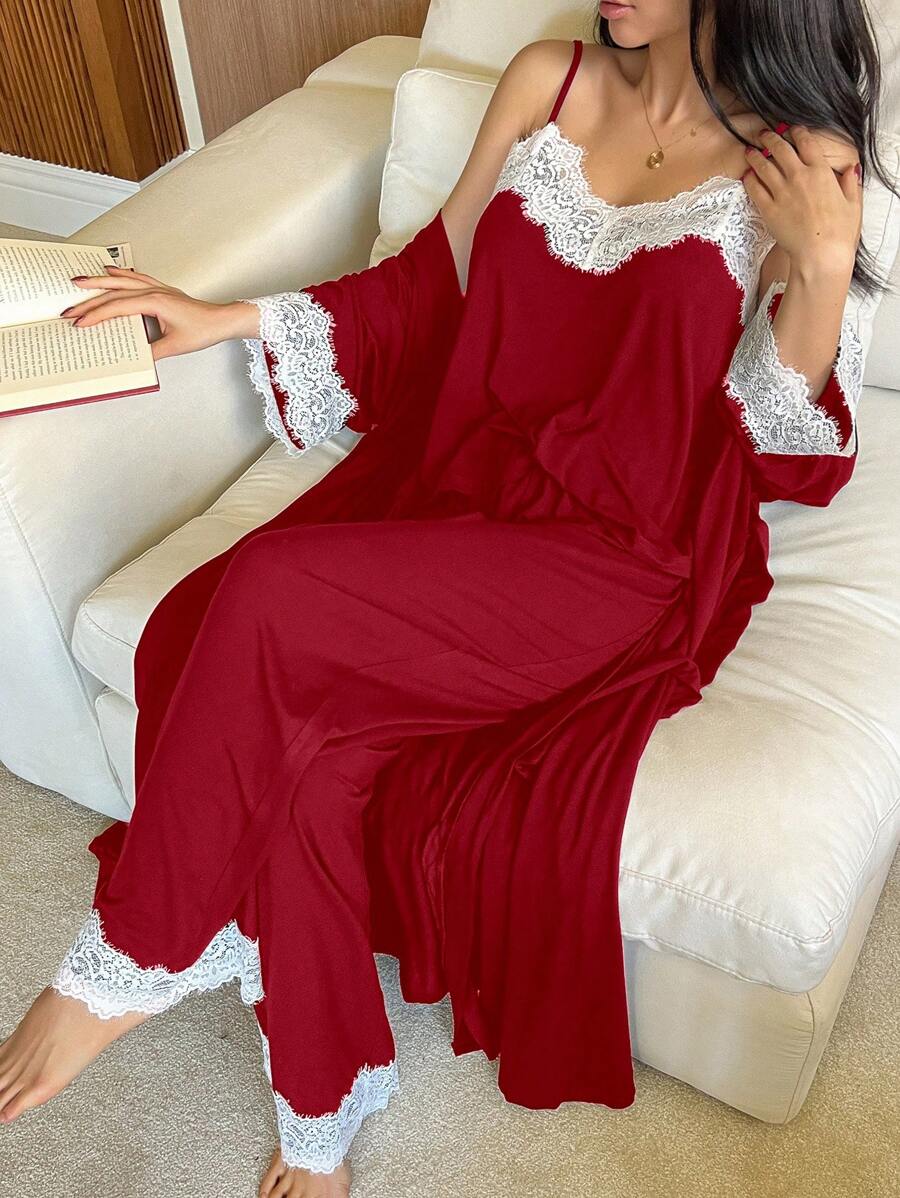 DAZY 3pcs Set Contrast Color Lace Patchwork Camisole Robe And Pajama Pants Nightwear Suit Christmas,New Year