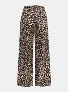 SHEIN Girlism Tween Girl Solid Knit Crew Neck Short Sleeve Top And Leopard Print Wide Leg Pants Set - Black - View 4