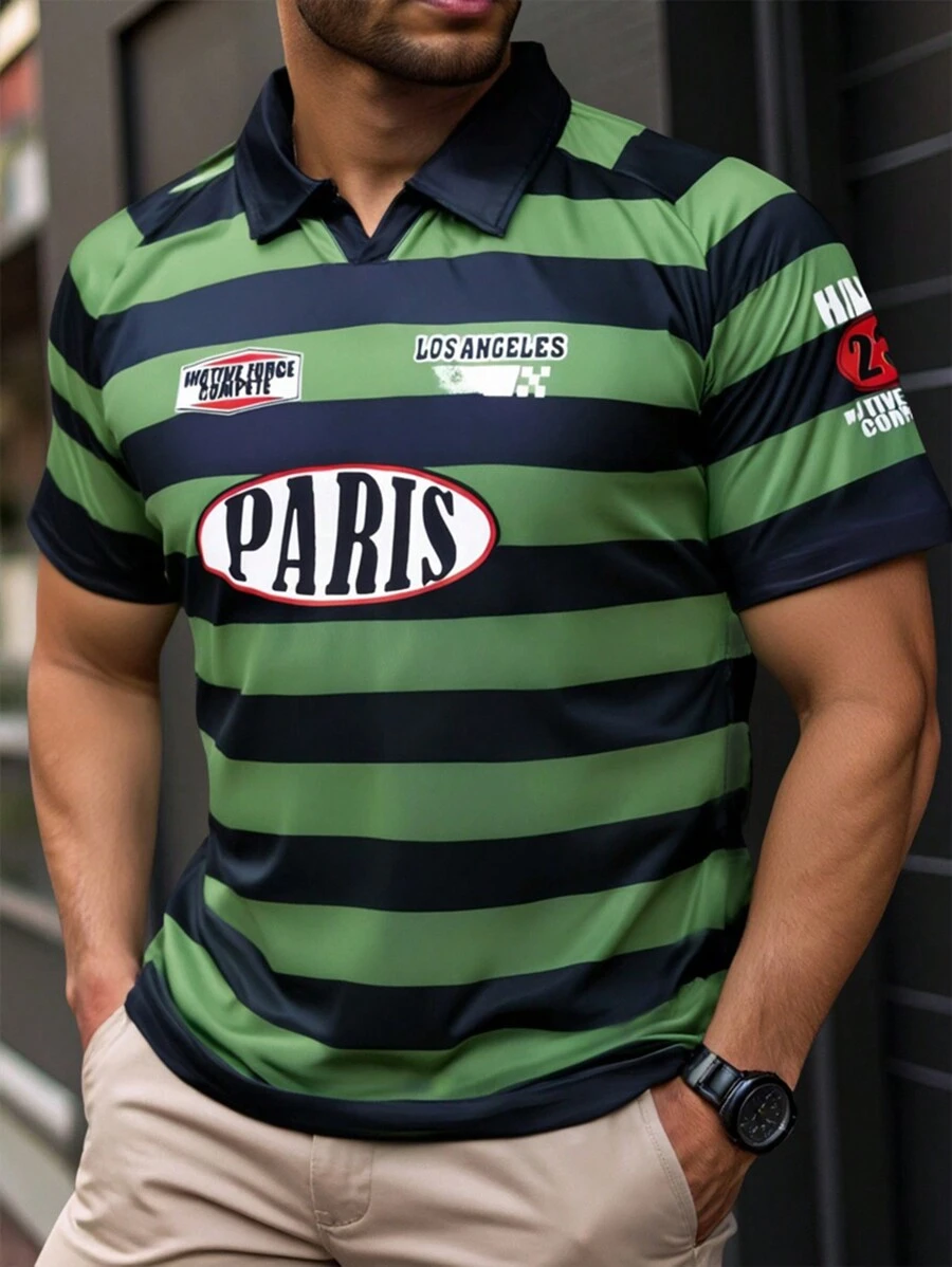 Manfinity Homme Plus Size Men's Contrast Stripe & Letter Print Polo Shirt - Green - View 1