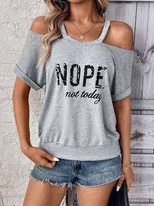 SHEIN LUNE Women's Fashion Letter Print Batwing Sleeve V-Neck Batwing Sleeve Loose Casual Sweatshirt Pullover Fall Sweatshirt - Light Grey - View 1