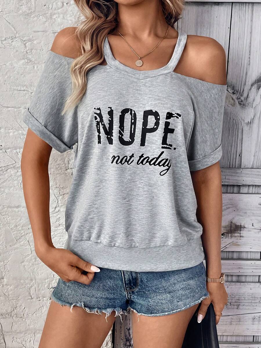 SHEIN LUNE Women's Fashion Letter Print Batwing Sleeve V-Neck Batwing Sleeve Loose Casual Sweatshirt Pullover Fall Sweatshirt - Light Grey - View 1
