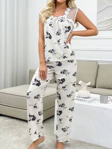 2 Pieces V-Neck Polka Dot Mesh Floral Print Ruffle Pajama Set - Apricot - View 3