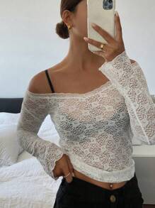 DAZY Solid Color Lace Slim Fit Open Shoulder Women's Blouse Festival Sheer,Fall Clothes Long Sleeve Top Off Shoulder Top - White - View 3