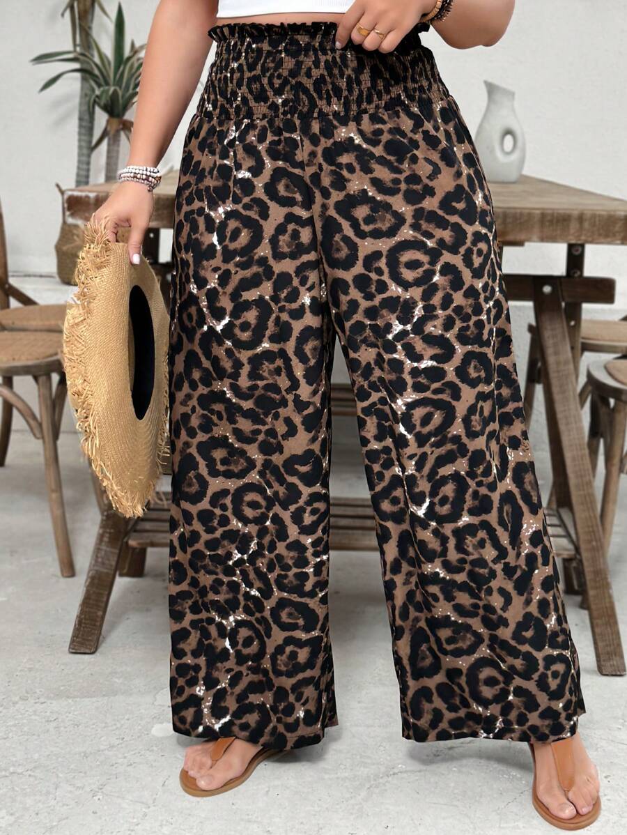 SHEIN VCAY Plus Size Leopard Print Simple Casual Everyday Pants - Multicolor - View 1