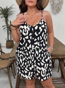 SHEIN VCAY Plus Size Women Boho Leopard Print Pocketed Casual Jumpsuit, For Summer - Black and White - View 6