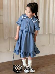 DAZY Young Girl Denim Pinafore Dress, Fall Outfit - Blue - View 3