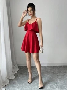SHEIN Elenzya 女士简约时尚休闲日常通勤直筒连衣裙 - 紅色 - 查看 7