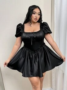 SHEIN ICON Vestido evasé con mangas abullonadas y cintura anudada, talla grande, en negro, para la temporada de bodas, vestido de primavera