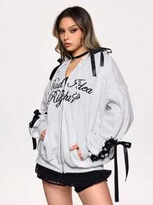 ROMWE Street Life 街头Y2K风格超大双色缎带蝴蝶结刺绣Logo拉链连帽卫衣，女款，适合毕业季、教师节、返校季等场合。 - 白色 - 查看 5