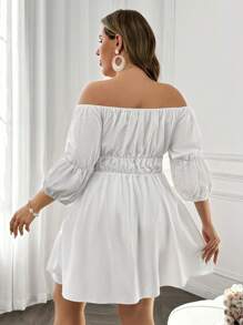 SHEIN LUNE 大码女式优雅露肩系带荷叶边下摆高端新款连衣裙 - 白色 - 查看 2