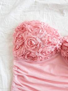 Soleia Women's Plain Ruched 3D Rose Bandeau Crop Top Valentine Day Summer Outfits For Women - Pink - View 4