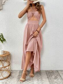 SHEIN VCAY Women's Solid Color Hollow Out Waist & Halter Neck Vacation Dress