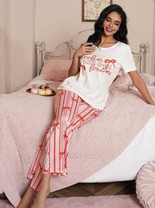 女士字母、蝴蝶结和条纹印花睡衣套装，适合情人节 - 白色 - 查看 7