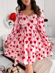 Flirla Plus Size Women Heart Pattern Cute Sweet Vacation Dating Mini Dress,Valentine - Pink - View 4