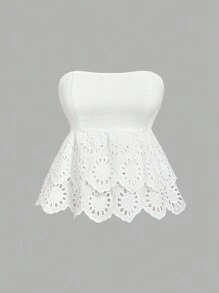 SHEIN MOD Áo kiểu nữ màu trắng, kiểu dáng thường ngày, viền ren Pháp, áo mùa hè, trang phục mùa hè, áo không dây vai. - trắng - Xem 1