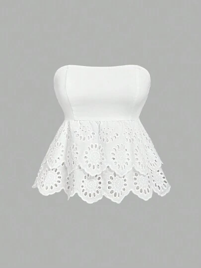 SHEIN MOD White Casual Vacation TOP, Women French Lace Trim Top,Summer Tops, Summer Clothing, Strapless Tops,White Eyelet Lace Strapless Top, Wedding Guest Party Top, Cotton Fabric, Embroidered Peplum Style, Elegant Vintage Look, Bridal Shower, Cocktail Party, Evening Gathering, Holiday Vacation, Summer Wear, Feminine Classic Top