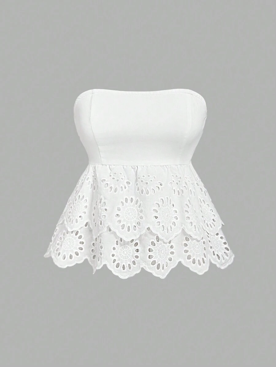 SHEIN MOD Áo kiểu nữ màu trắng, kiểu dáng thường ngày, viền ren Pháp, áo mùa hè, trang phục mùa hè, áo không dây vai. - trắng - Xem 1