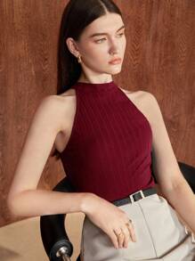 BizChic 春夏新款圆领无袖褶皱领罗纹针织背心，女士时尚优雅，适合都市通勤、日常穿着，浪漫复古，90年代风格，圣诞节、新年、情人节、派对、海滩、毕业典礼、嘉年华、假日等场合，简约浪漫，适合婚礼宾客、主人、约会、派对、音乐会、早午餐、机场等多种场合。 - 酒紅色 - 查看 3