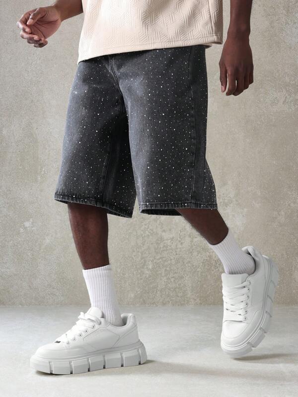 SUMWON Designer Sparkle Pattern Denim Shorts Mid-Length Casual Festival Street Style Summer Skateboard Urban Loose Fit Distressed Jorts