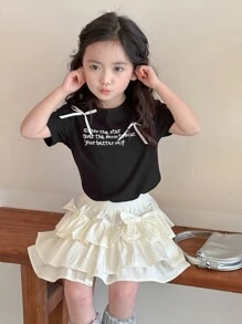 DAZY 2pcs Casual Short Sleeve Tee And Skirt Set, Simple And Fashionable Design For Daily Wear, Young Girls Summer Outfits - Black - View 2