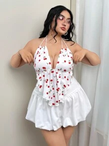 SHEIN ICON Blusa de talla grande con estampado de cerezas, con cuello halter y espalda descubierta