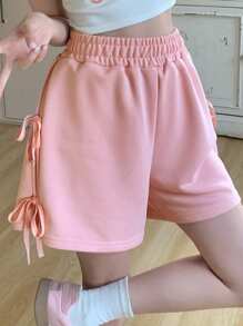 DAZY Pantalones cortos sueltos de mujer casuales de unicolor con lazo en la cintura