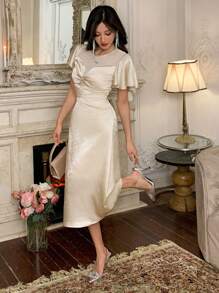 DAZY 女士透明网眼拼接春季派对中长连衣裙，适合情人节舞会礼服太阳裙、正式女士连衣裙 - 香檳色 - 查看 1