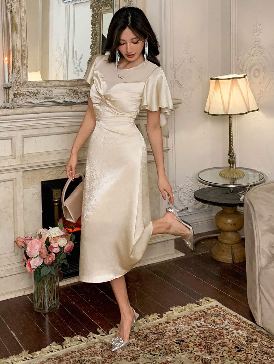 DAZY 女士透明网眼拼接春季派对中长连衣裙，适合情人节舞会礼服太阳裙、正式女士连衣裙 - 香檳色 - 查看 1