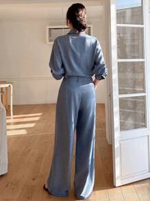 DAZY Women's 2 Pieces Set, Solid Color Loose Shirt & Wide Leg Pants,Fall Women Clothes Lounge Sets For Women - Blue - View 2