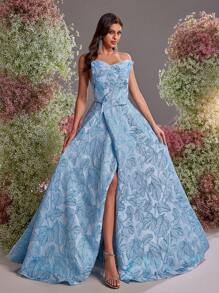 Glamrae Elegant Blue Jacquard Satin Tube Dress,Gorgeous Asymmetric Three-Dimensional Texture High Slit Wedding Guest Dress For Dinner,Prom&Formal Events - Blue - View 7