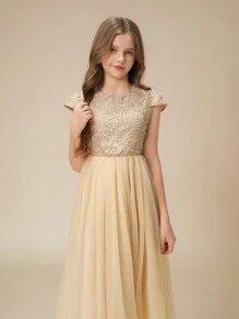 Tween Girl Lace & Mesh Patchwork Sleeveless Round Neck Elegant Party Dress, Flared A-Line Skirt, Suitable For Party, Valentine's Day, Wedding, Flower Girl & Bridesmaid