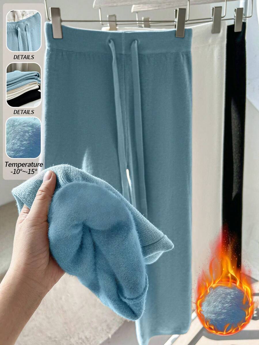 Chiquease New Women High Cinched Waist Waist Casual Straight Wide Leg Pants, Thermal Lined Thickened Knitted Leggings