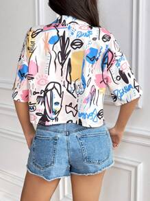 Muchica Blusa/camisa de mujer de manga corta con cuello, hombros caídos y corte cropped con estampado gráfico y botones - Multicolor - Ver 2