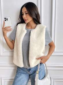 SHEIN EZwear Cream Faux Fur Vest For Women, Cozy Sleeveless Cardigan, Furry Top, Winter Vest Shirt - White - View 3