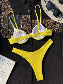 SHEIN Swim 简约时尚休闲比基尼，带钢支撑，适合日常和海滩穿着 - 黃色 - 查看 2