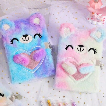 SHEIN 1 件随机款式可爱泰迪熊毛绒笔记本适用于学生、女孩日记本学校、学生、文具、学校用品、男孩日记本