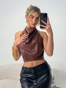 Firerie Women Summer Festival Boho Old Money Elegant Simple Commute Fashion Sexy Daily Party Music Festival Leather Pleated Halter Backless Brown Top Shirt - Coffee Brown - View 3