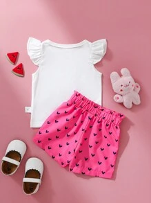 SHEIN Bộ 2 món/bộ cho bé gái sơ sinh và trẻ mới biết đi 0-3 tuổi mùa xuân hè mới dễ thương hàng ngày mèo hoạt hình ăn dưa hấu áo phông không tay + quần short trái tim màu đỏ hồng - Màu Hồng Tươi - Xem 2
