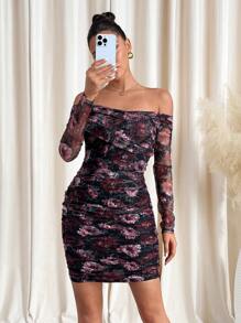 SHEIN Clasi 1 pieza Vestido con estampado de rosas, hombros descubiertos, ajustado, con superposición de malla para mujeres, ropa para San Valentín, vestidos rojos elegantes y sofisticados