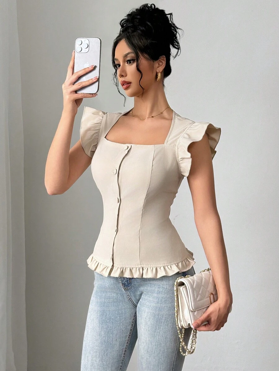 Chiquease Women's Elegant Ruffle Collar Slim Fit Blouse - Apricot - View 1