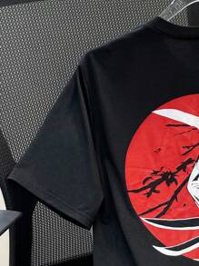 SHEIN Leap Crew Teen Boys Casual Loose Comfortable Versatile Funny Hooded Figure Print Short Sleeve T-Shirt - Black - View 7