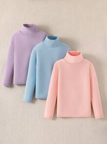 SHEIN 3 件套 青少年女孩百搭休闲猫咪图案高领长袖保暖衬里 T 恤 - 彩色 - 查看 1