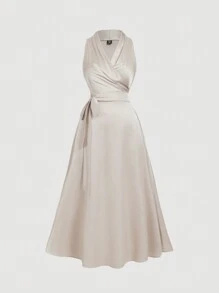 SHEIN MOD 大码女式复古杏色无袖结背交叉连衣裙 - 杏色 - 查看 1