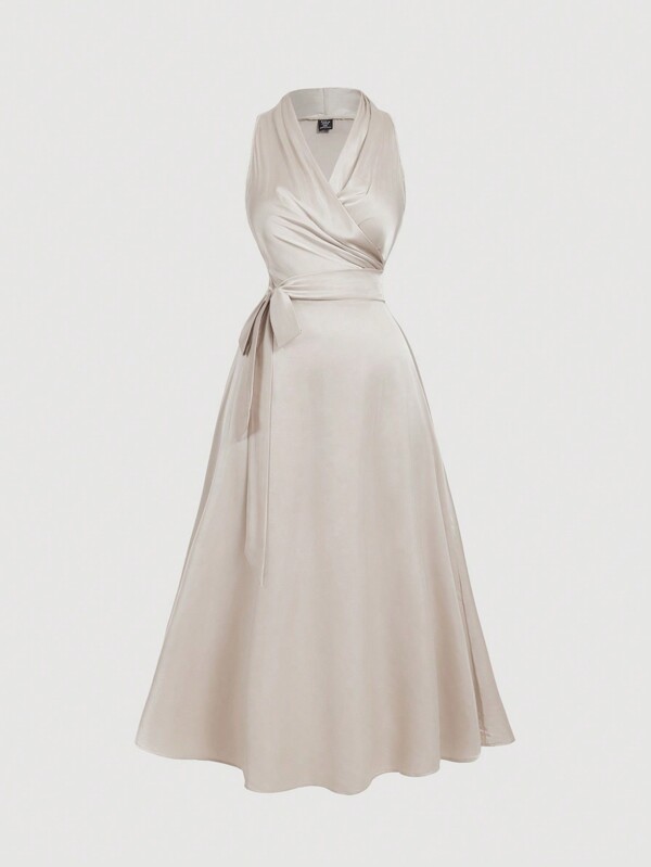 SHEIN MOD Plus Size Women Retro Apricot Wrap Style Exquisite And Elegant Long Dress, Party Dress, Old Money Style.. Plus Size Dresses Summer. Party Dresses For Women Women Formal,Birthday Dresses For Women