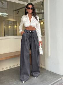 RueChic 100% Cotton HIGH WAIST WIDE LEG VINTAGE  JEAN - Dark Grey - View 4