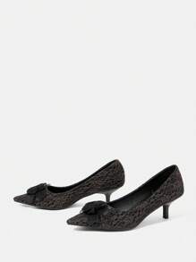 CUCCOO HITCHD 时尚优雅黑色蕾丝花朵尖头高跟鞋，适合新年、情人节、新娘、婚礼派对、约会、节日、庆典 - 黑色 - 查看 3